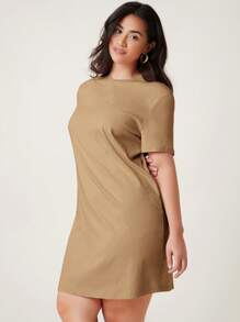 SHEIN BASICS Đầm thun trơn dáng rộng thoải mái cho mùa hè - Màu Khaki - Xem 5