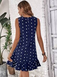 SHEIN LUNE Polka Dot Ruffle Hem Dress - Navy Blue - View 2