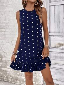 SHEIN LUNE Polka Dot Ruffle Hem Dress - Navy Blue - View 3