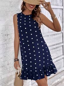 SHEIN LUNE Polka Dot Ruffle Hem Dress - Navy Blue - View 5