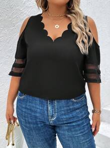 SHEIN Unity Áo sơ mi Plus Size Tương phản Mesh Cắt ra Sò điệp màu trơn Giải trí - màu đen - Xem 1