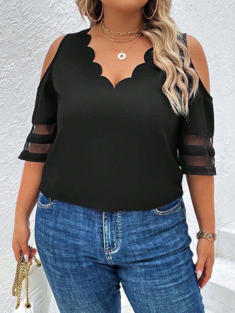 SHEIN Unity Áo sơ mi Plus Size Tương phản Mesh Cắt ra Sò điệp màu trơn Giải trí - màu đen - Xem 1