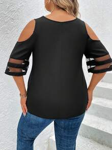 SHEIN Unity Áo sơ mi Plus Size Tương phản Mesh Cắt ra Sò điệp màu trơn Giải trí - màu đen - Xem 2