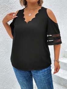 SHEIN Unity Áo sơ mi Plus Size Tương phản Mesh Cắt ra Sò điệp màu trơn Giải trí - màu đen - Xem 3