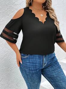 SHEIN Unity Áo sơ mi Plus Size Tương phản Mesh Cắt ra Sò điệp màu trơn Giải trí - màu đen - Xem 4