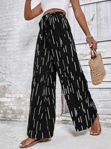 SHEIN LUNE Geo Print Knot Front Wide Leg Trousers - Black and White - View 2