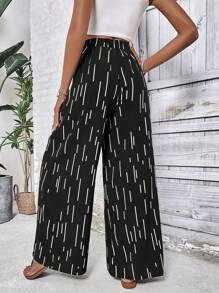 SHEIN LUNE Geo Print Knot Front Wide Leg Trousers - Black and White - View 3