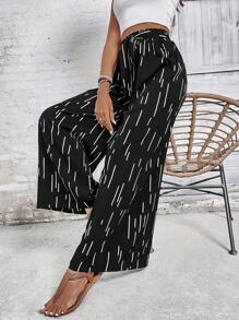 SHEIN LUNE Geo Print Knot Front Wide Leg Trousers - Black and White - View 4