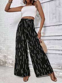 SHEIN LUNE Geo Print Knot Front Wide Leg Trousers - Black and White - View 1