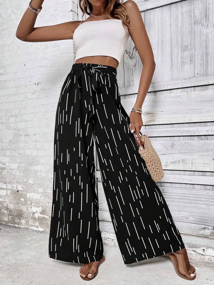 SHEIN LUNE Geo Print Knot Front Wide Leg Trousers - Black and White - View 1