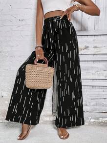 SHEIN LUNE Geo Print Knot Front Wide Leg Trousers - Black and White - View 5