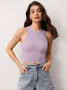 SHEIN BASICS Solid Crop Tank Top - Lilac Purple - View 1