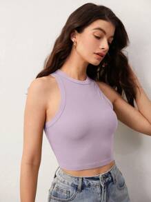 SHEIN BASICS Solid Crop Tank Top - Lilac Purple - View 3