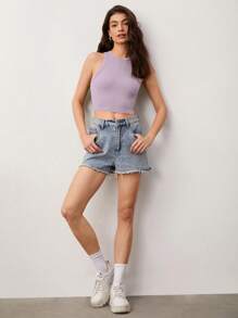 SHEIN BASICS Solid Crop Tank Top - Lilac Purple - View 4