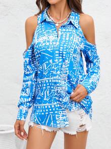 SHEIN VCAY 滿版印花挖肩襯衫 - 藍白色 - 查看 1