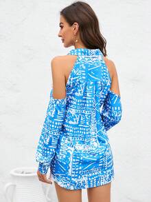 SHEIN VCAY 滿版印花挖肩襯衫 - 藍白色 - 查看 2