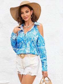 SHEIN VCAY 滿版印花挖肩襯衫 - 藍白色 - 查看 5