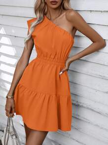 SHEIN VCAY Đầm Viên lá sen màu trơn Giải trí - trái cam - Xem 3