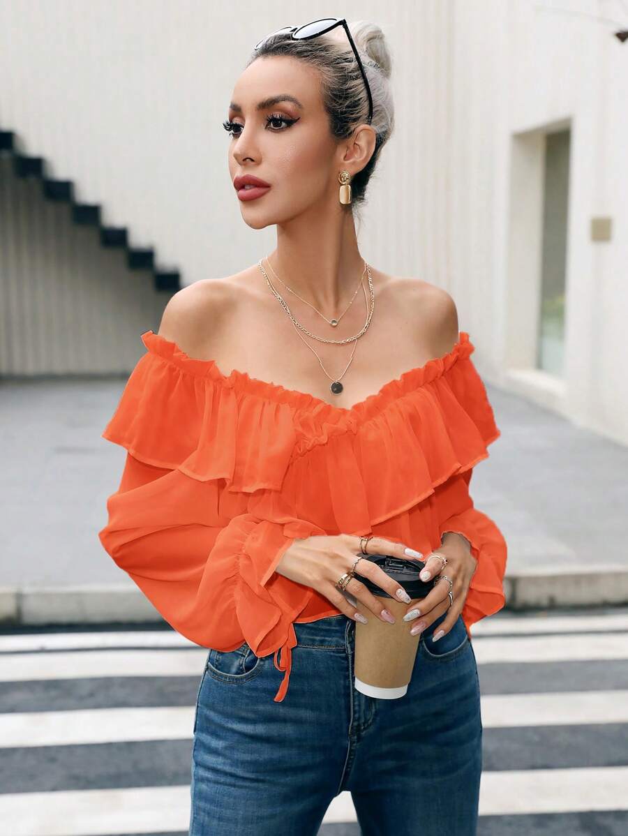 GENKIRA 一字肩荷葉邊荷葉袖襯衫 - 橘色 - 查看 1