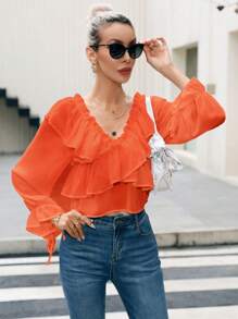 GENKIRA 一字肩荷葉邊荷葉袖襯衫 - 橘色 - 查看 3