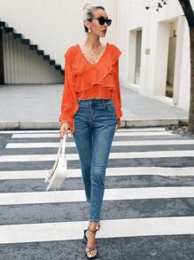 GENKIRA 一字肩荷葉邊荷葉袖襯衫 - 橘色 - 查看 7