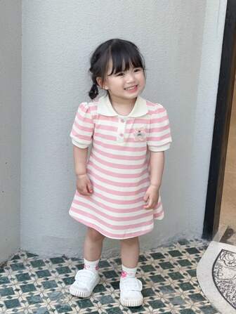 Little Girls' Sweet & Cute Puff Sleeve Turn-down Collar Short Sleeve Dress, Casual Soft & Comfortable For Summer