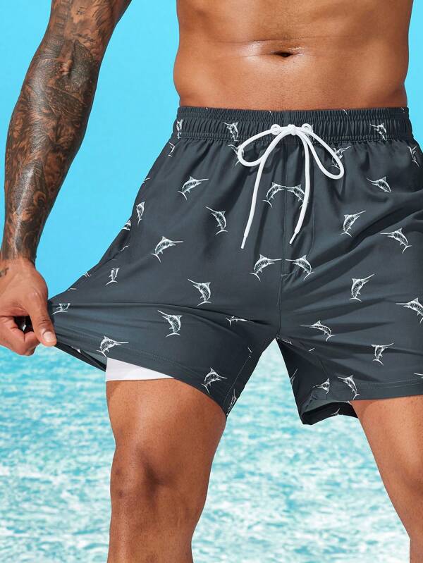 Manfinity Men Allover Print Drawstring Waist Swim Trunks & Compression Liner SHEIN USA