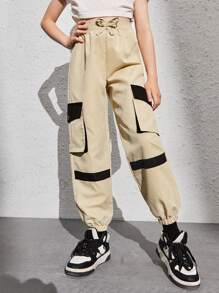 Girls Flap Pocket Side Cargo Trousers - Khaki - View 7