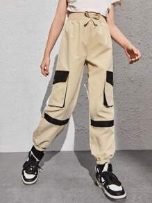 Girls Flap Pocket Side Cargo Trousers - Khaki - View 1