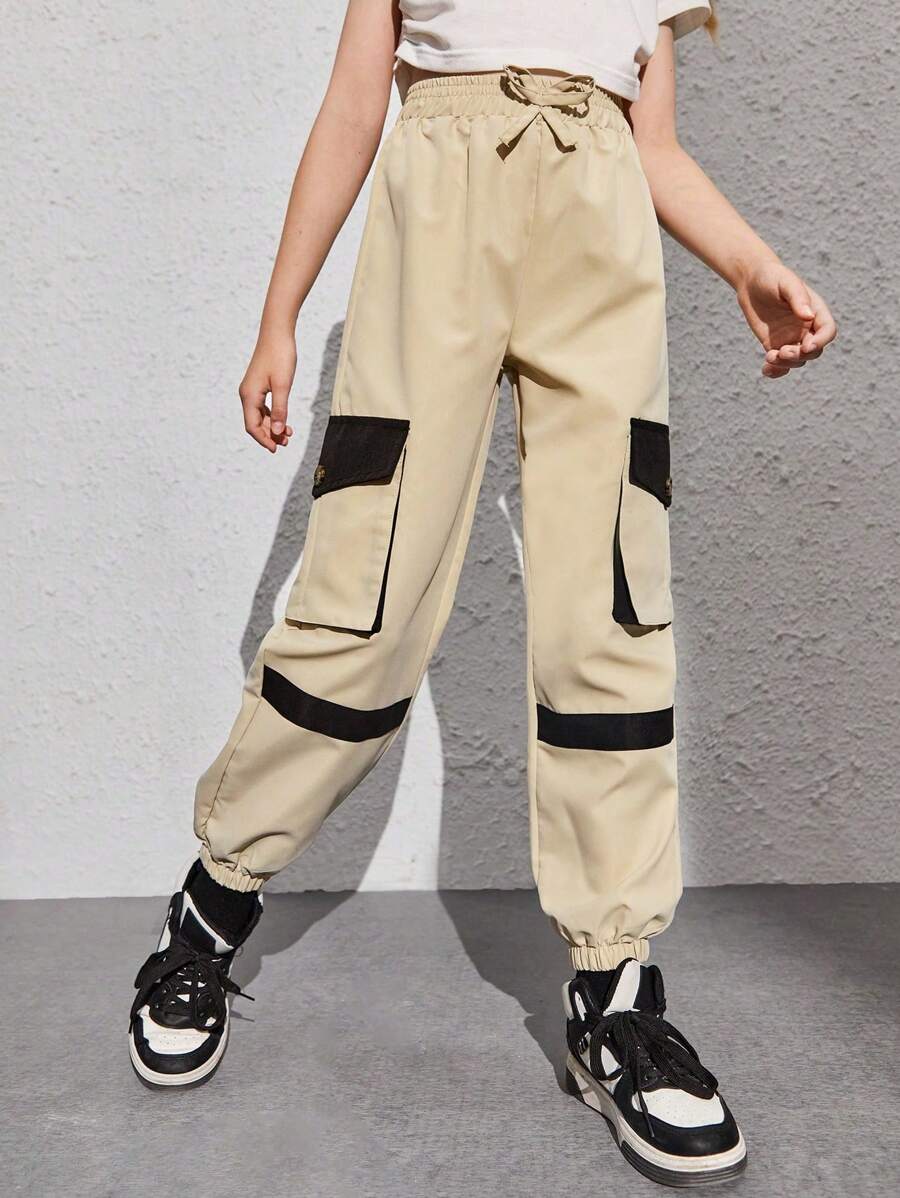 Girls Flap Pocket Side Cargo Trousers - Khaki - View 1