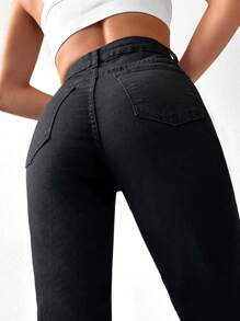 EURMUSE Solid Flare Leg Jeans - Black - View 5