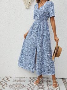 SHEIN Frenchy Ditsy Floral Print Button Front Split Thigh Dress - Blue and White - View 5