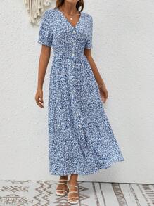 SHEIN Frenchy Ditsy Floral Print Button Front Split Thigh Dress - Blue and White - View 3