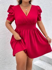 SHEIN Privé 大碼交疊領泡泡袖連衣裙 - 玫瑰紅 - 查看 1