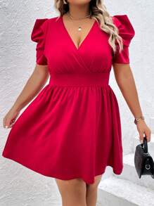 SHEIN Privé 大碼交疊領泡泡袖連衣裙 - 玫瑰紅 - 查看 5