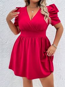 SHEIN Privé 大碼交疊領泡泡袖連衣裙 - 玫瑰紅 - 查看 6