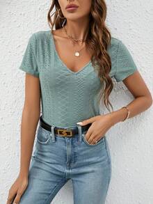 SHEIN Frenchy Camiseta unicolor de cuello V - verde menta - Ver 4