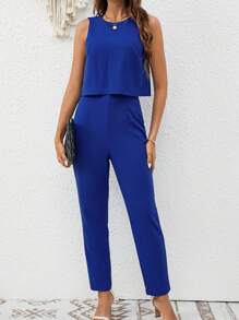 SHEIN Frenchy Cut Out Backless Solid Jumpsuit Summer Casual Blue - Royal Blue - View 2