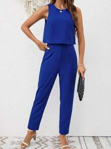 SHEIN Frenchy Cut Out Backless Solid Jumpsuit Summer Casual Blue - Royal Blue - View 3