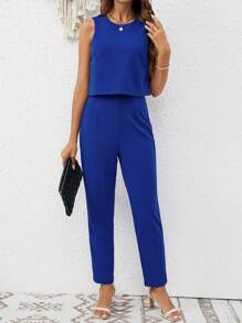 SHEIN Frenchy Cut Out Backless Solid Jumpsuit Summer Casual Blue - Royal Blue - View 4