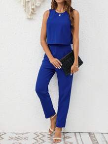 SHEIN Frenchy Cut Out Backless Solid Jumpsuit Summer Casual Blue - Royal Blue - View 5