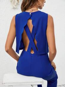 SHEIN Frenchy Cut Out Backless Solid Jumpsuit Summer Casual Blue - Royal Blue - View 6