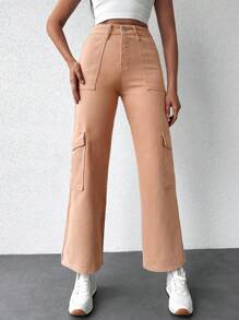 EURMUSE Flap Pocket Side Cargo Jeans - Coral Orange - View 1