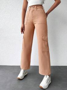 EURMUSE Flap Pocket Side Cargo Jeans - Coral Orange - View 3