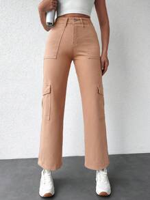 EURMUSE Flap Pocket Side Cargo Jeans - Coral Orange - View 4
