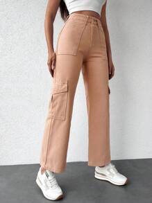 EURMUSE Flap Pocket Side Cargo Jeans - Coral Orange - View 5