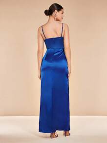 SHEIN Belle Ruffle Trim Split Thigh Satin Cami Dress - Royal Blue - View 2