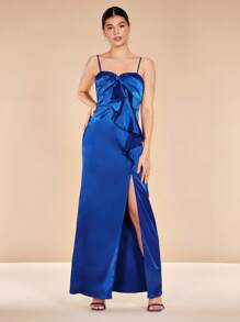 SHEIN Belle Ruffle Trim Split Thigh Satin Cami Dress - Royal Blue - View 4