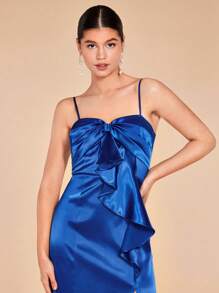 SHEIN Belle Ruffle Trim Split Thigh Satin Cami Dress - Royal Blue - View 5