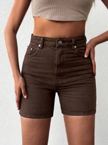 EURMUSE Solid Slant Pocket Denim Shorts - Chocolate Brown - View 1